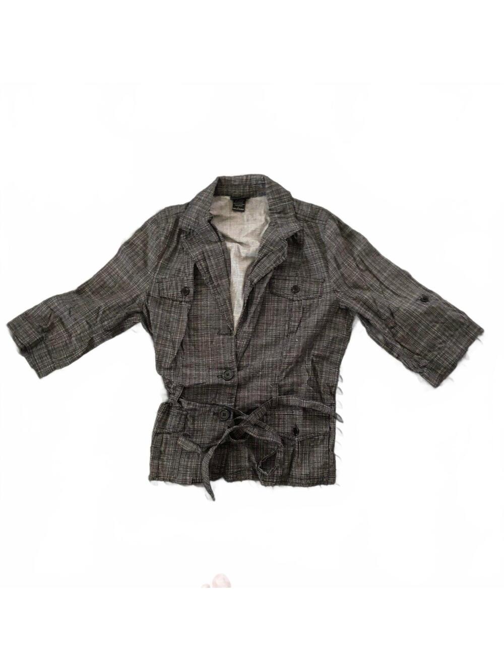 JKLA California Gray Plaid Button-Up Jacket Top with Tie Waist Size Large
